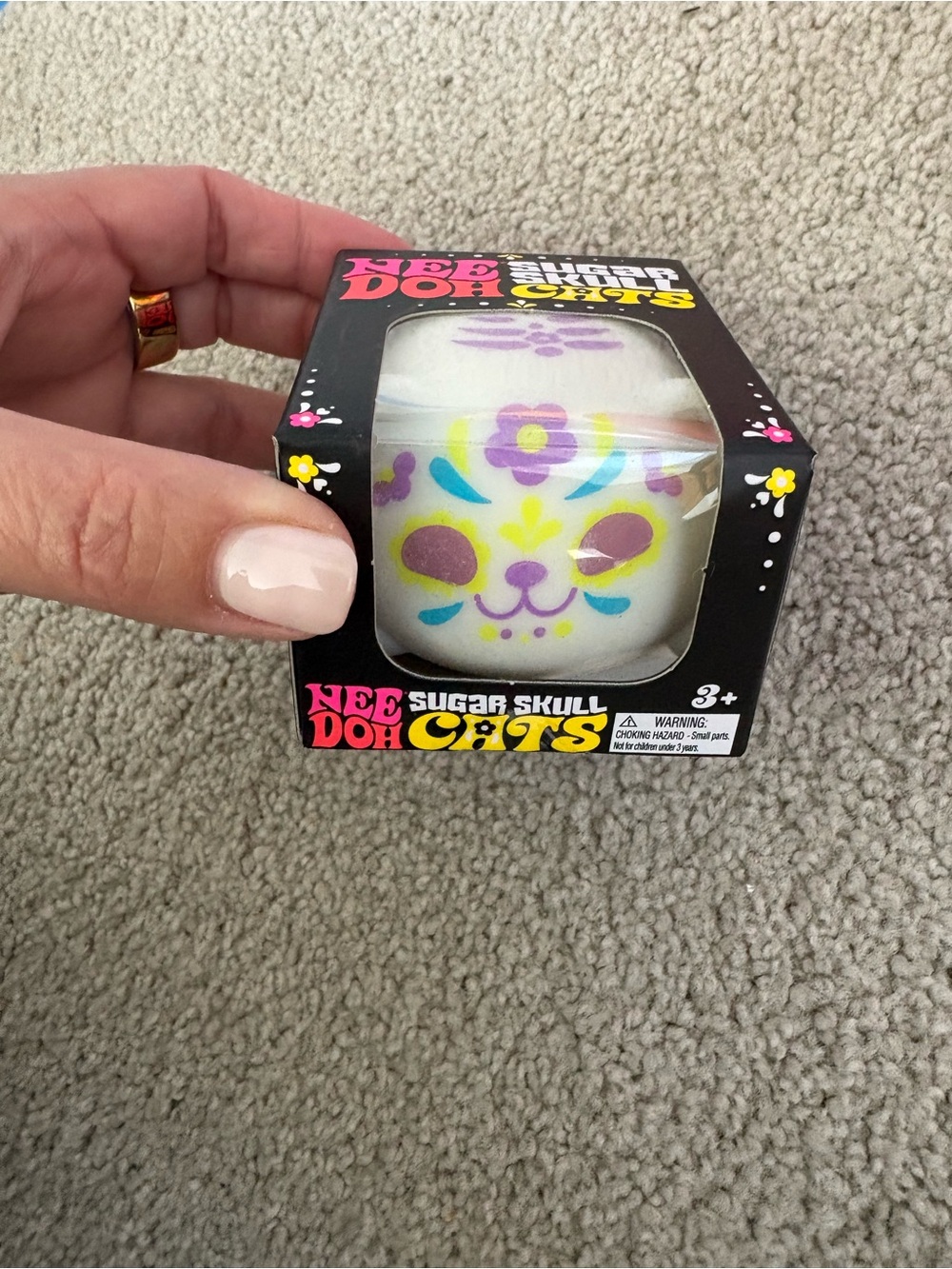 Nee Doh Sugar Skull Cat Squishy Stress Toy - White with Purple & Yellow Accents